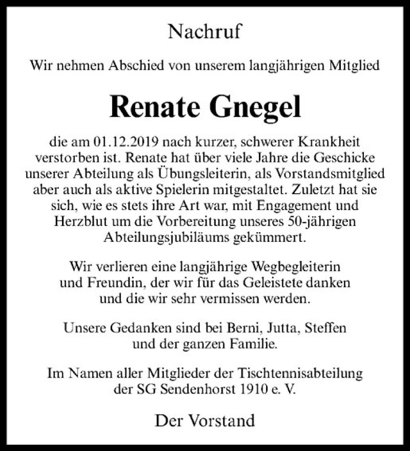  Traueranzeige für Renate Gnegel vom 05.12.2019 aus Westfälische Nachrichten
