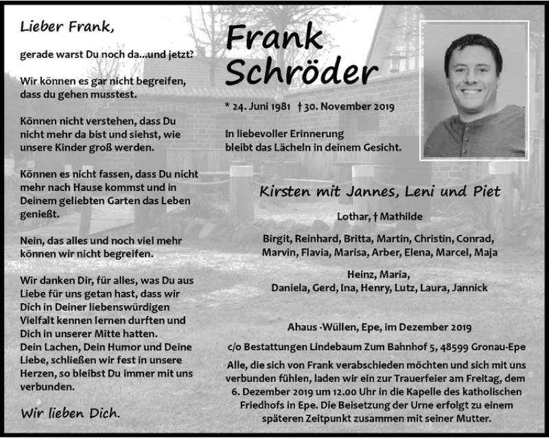  Traueranzeige für Frank Schröder vom 29.11.2019 aus Westfälische Nachrichten