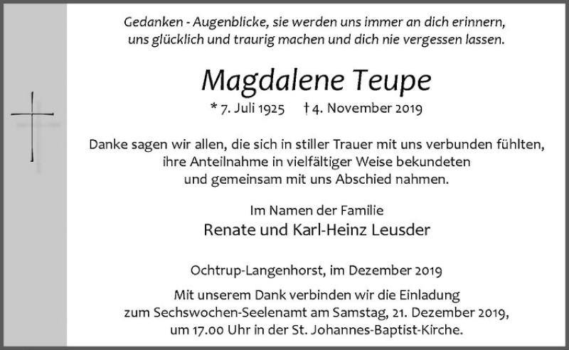  Traueranzeige für Magdalene Teupe vom 18.12.2019 aus Westfälische Nachrichten