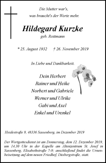 Anzeige von Hildegard Kurzke von Westfälische Nachrichten