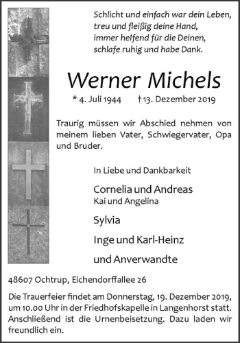 Anzeige von Werner Michels von Westfälische Nachrichten