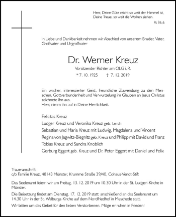 Anzeige von Werner Kreuz von Westfälische Nachrichten