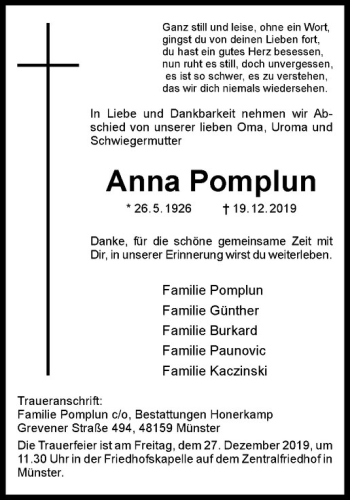 Anzeige von Anna Pomplun von Westfälische Nachrichten