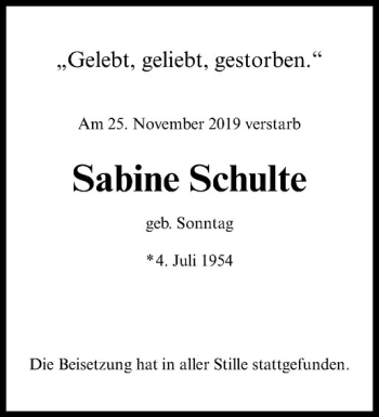 Anzeige von Sabine Schulte von Westfälische Nachrichten