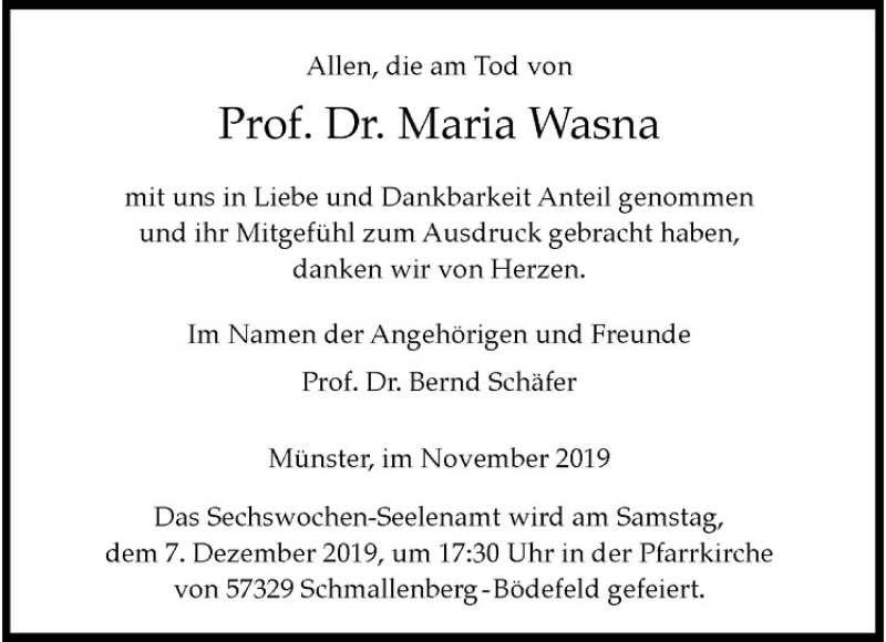  Traueranzeige für Maria Wasna vom 29.11.2019 aus Westfälische Nachrichten