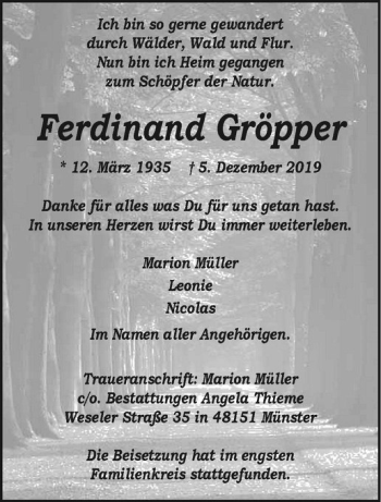 Anzeige von Ferdinand Gröpper von Westfälische Nachrichten