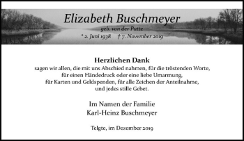 Anzeige von Elizabeth Buschmeyer von Westfälische Nachrichten