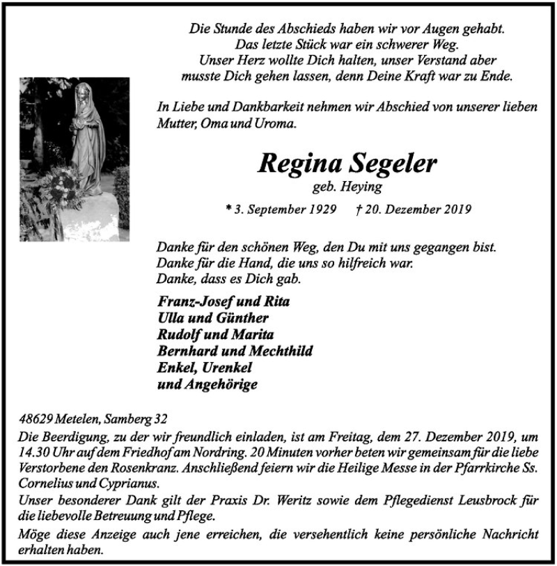  Traueranzeige für Regina Segeler vom 23.12.2019 aus Westfälische Nachrichten