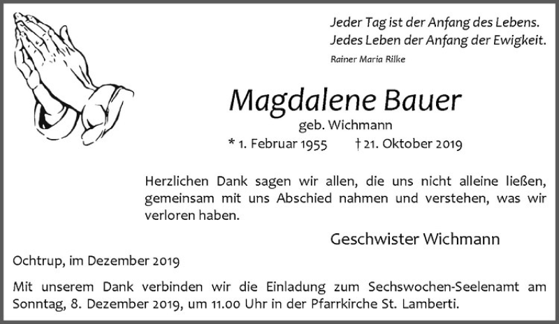  Traueranzeige für Magdalena Bauer vom 29.11.2019 aus Westfälische Nachrichten