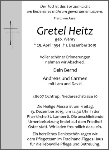 Anzeige von Gretel Heitz von Westfälische Nachrichten