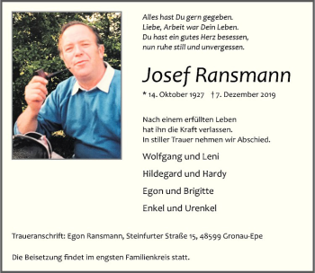 Anzeige von Josef Ransmann von Westfälische Nachrichten