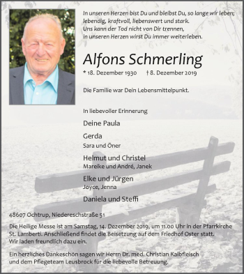 Anzeige von Alfons Schmerling von Westfälische Nachrichten