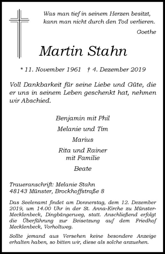  Traueranzeige für Martin Stahn vom 09.12.2019 aus Westfälische Nachrichten