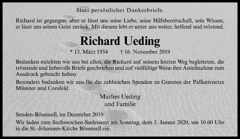  Traueranzeige für Richard Ueding vom 28.12.2019 aus Westfälische Nachrichten