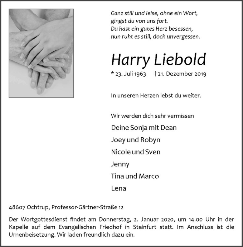  Traueranzeige für Harry Liebold vom 30.12.2019 aus Westfälische Nachrichten