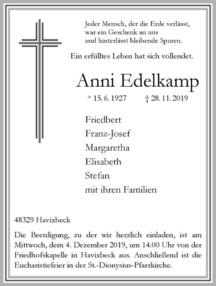  Traueranzeige für Anni Edelkamp vom 29.11.2019 aus Westfälische Nachrichten