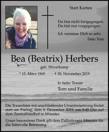 Anzeige von Bea (Beatrix) Herbers von Westfälische Nachrichten