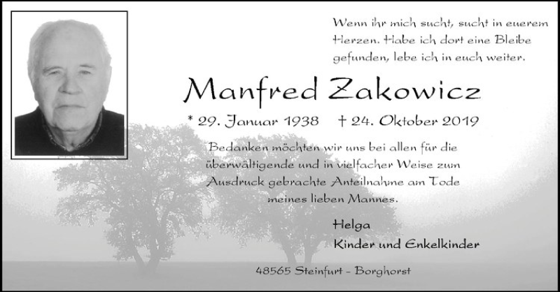  Traueranzeige für Manfred Zakowicz vom 29.11.2019 aus Westfälische Nachrichten