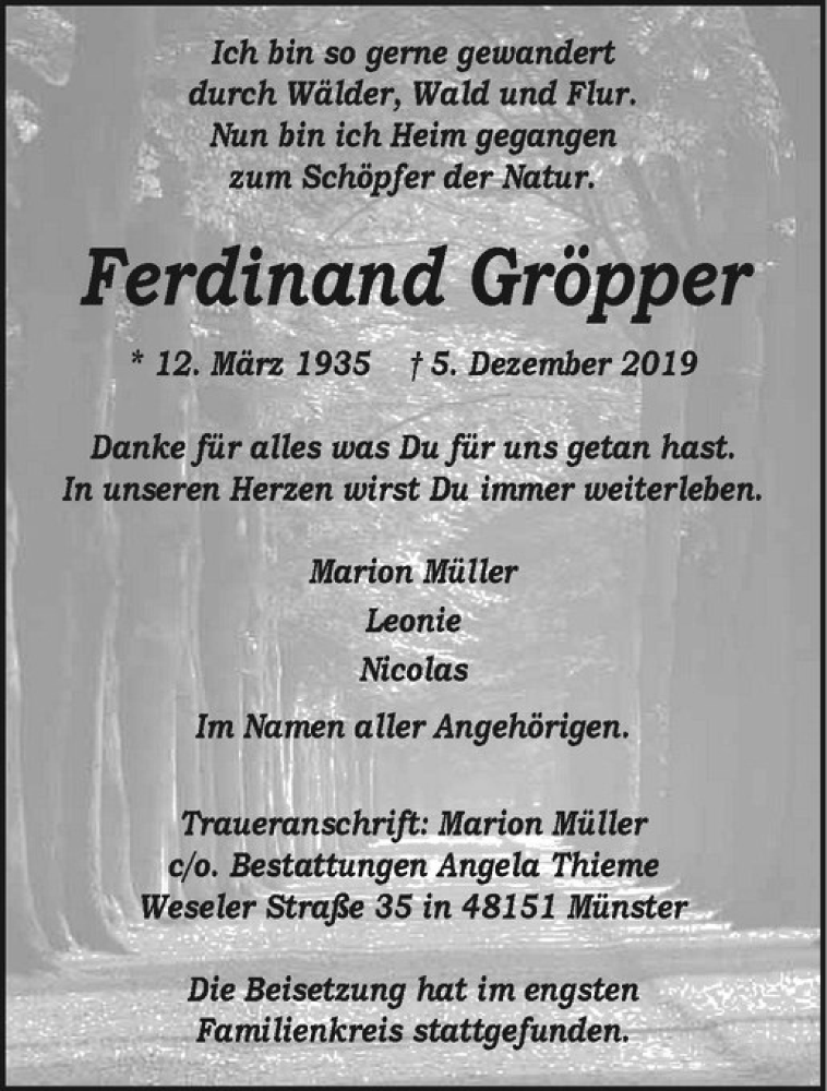  Traueranzeige für Ferdinand Gröpper vom 14.12.2019 aus Westfälische Nachrichten