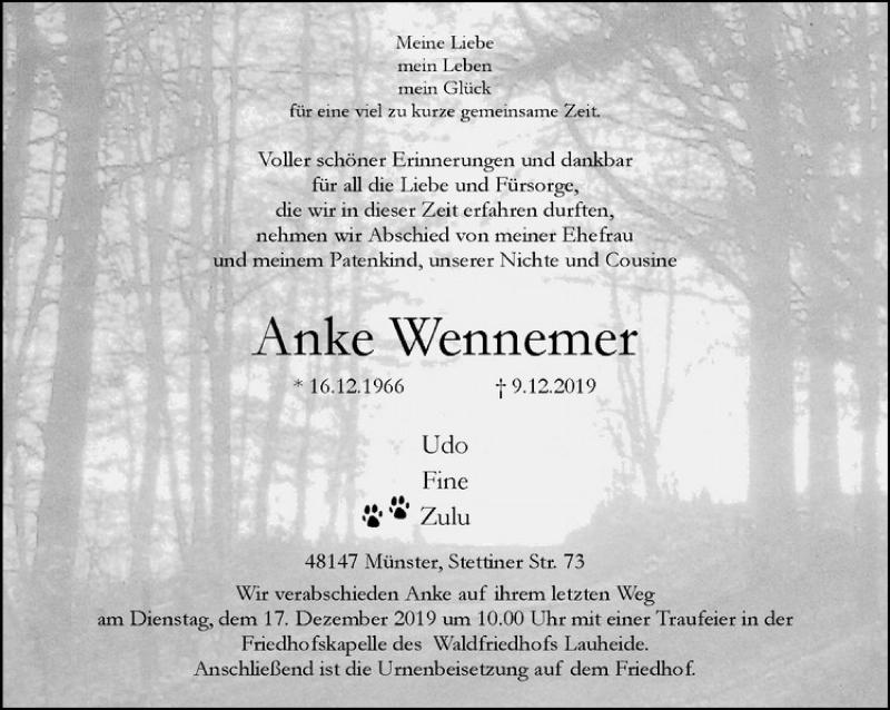  Traueranzeige für Anke Wennemer vom 14.12.2019 aus Westfälische Nachrichten