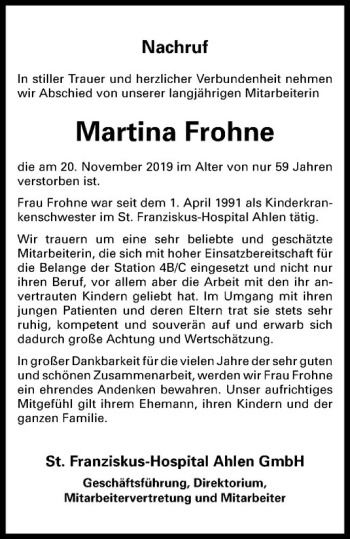 Anzeige von Martina Frohne von Westfälische Nachrichten