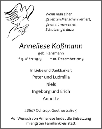 Anzeige von Anneliese Koßmann von Westfälische Nachrichten