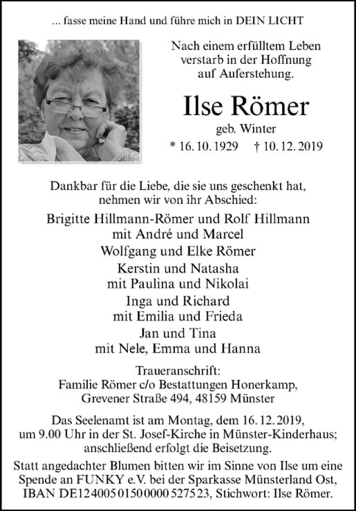  Traueranzeige für Ilse Römer vom 12.12.2019 aus Westfälische Nachrichten
