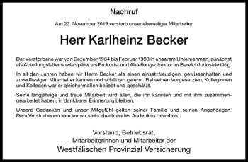 Anzeige von Karlheinz Becker von Westfälische Nachrichten