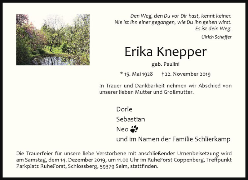  Traueranzeige für Erika Knepper vom 07.12.2019 aus Westfälische Nachrichten