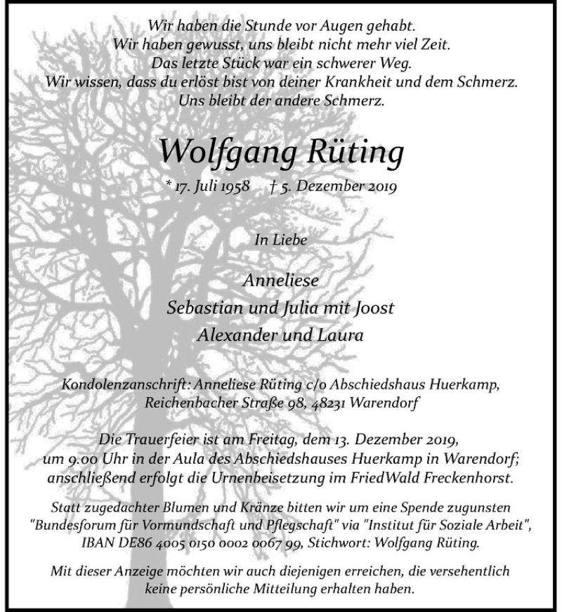  Traueranzeige für Wolfgang Rüting vom 11.12.2019 aus Westfälische Nachrichten