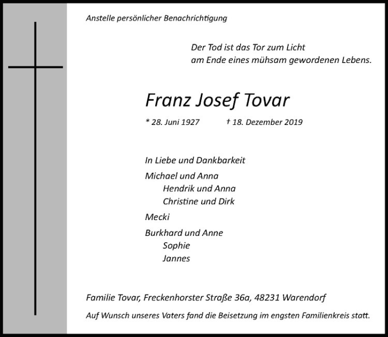  Traueranzeige für Franz Josef Tovar vom 24.12.2019 aus Westfälische Nachrichten
