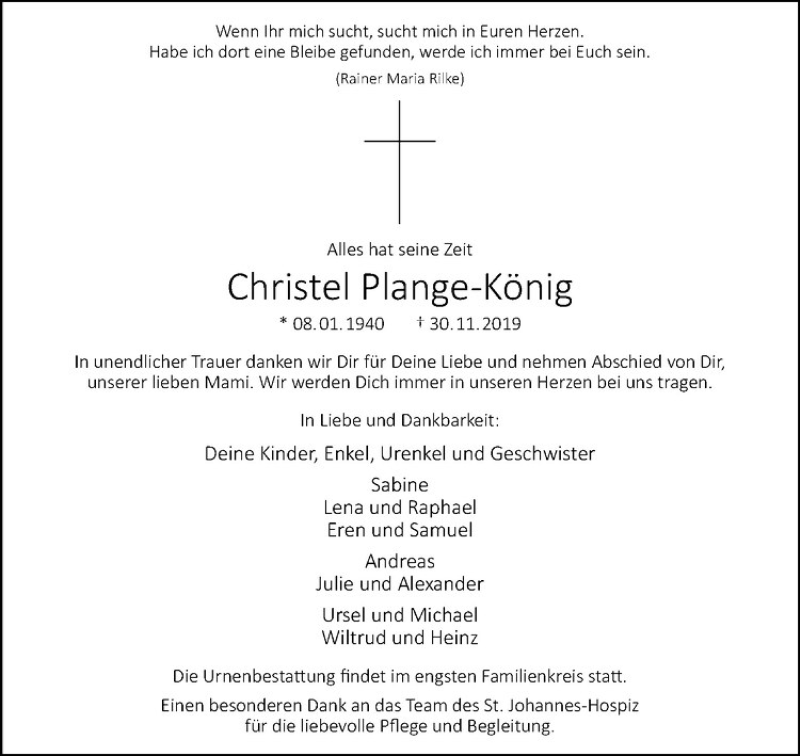  Traueranzeige für Christel Plange-König vom 07.12.2019 aus Westfälische Nachrichten