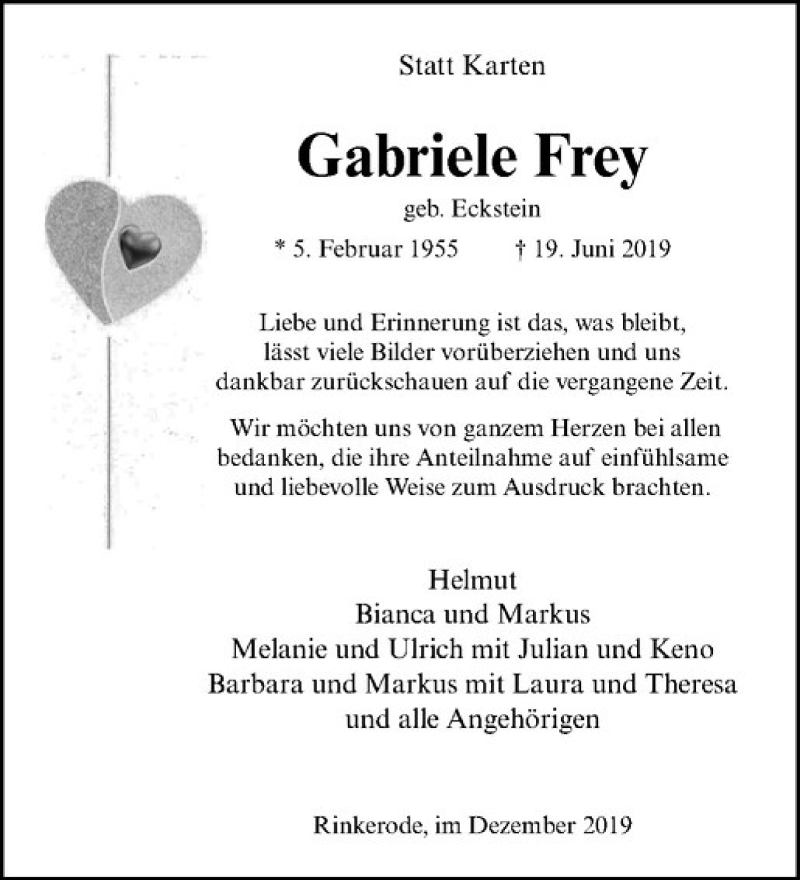  Traueranzeige für Gabriele Frey vom 21.12.2019 aus Westfälische Nachrichten
