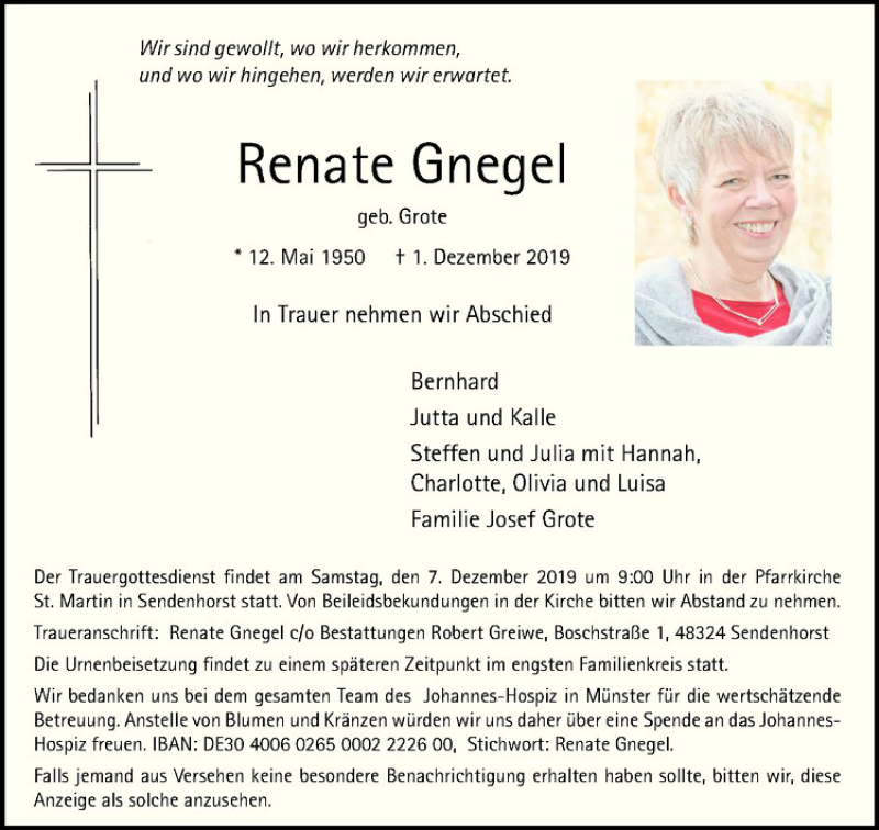  Traueranzeige für Renate Gnegel vom 29.11.2019 aus Westfälische Nachrichten