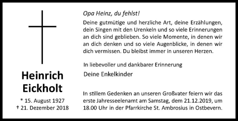  Traueranzeige für Heinrich Eickholt vom 18.12.2019 aus Westfälische Nachrichten