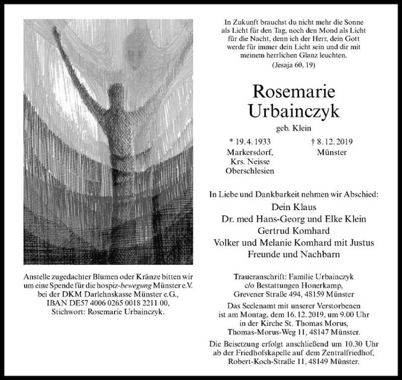  Traueranzeige für Rosemarie Urbainczyk vom 12.12.2019 aus Westfälische Nachrichten