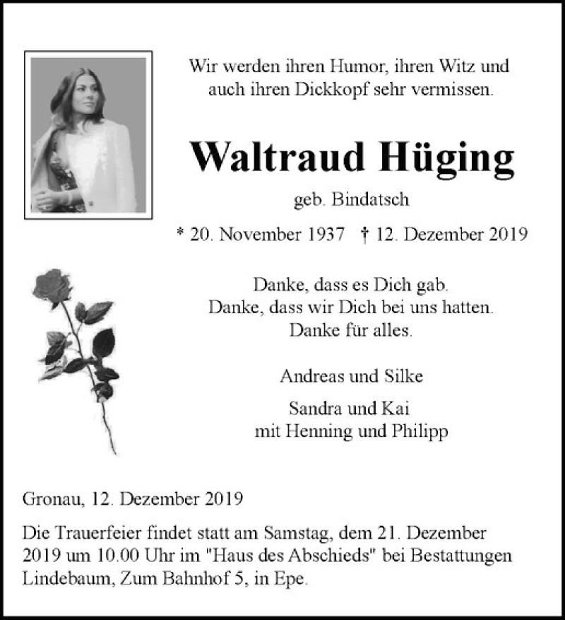  Traueranzeige für Waltraud Hüging vom 17.12.2019 aus Westfälische Nachrichten