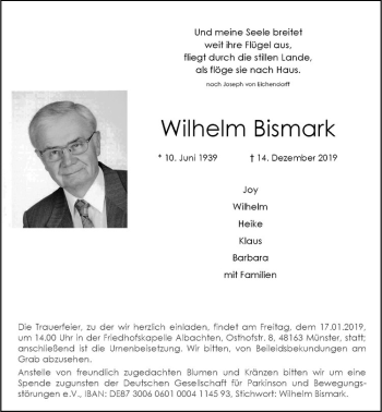 Anzeige von Wilhelm Bismark von Westfälische Nachrichten