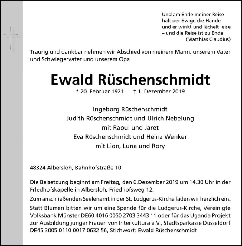  Traueranzeige für Ewald Rüschenschmidt vom 29.11.2019 aus Westfälische Nachrichten