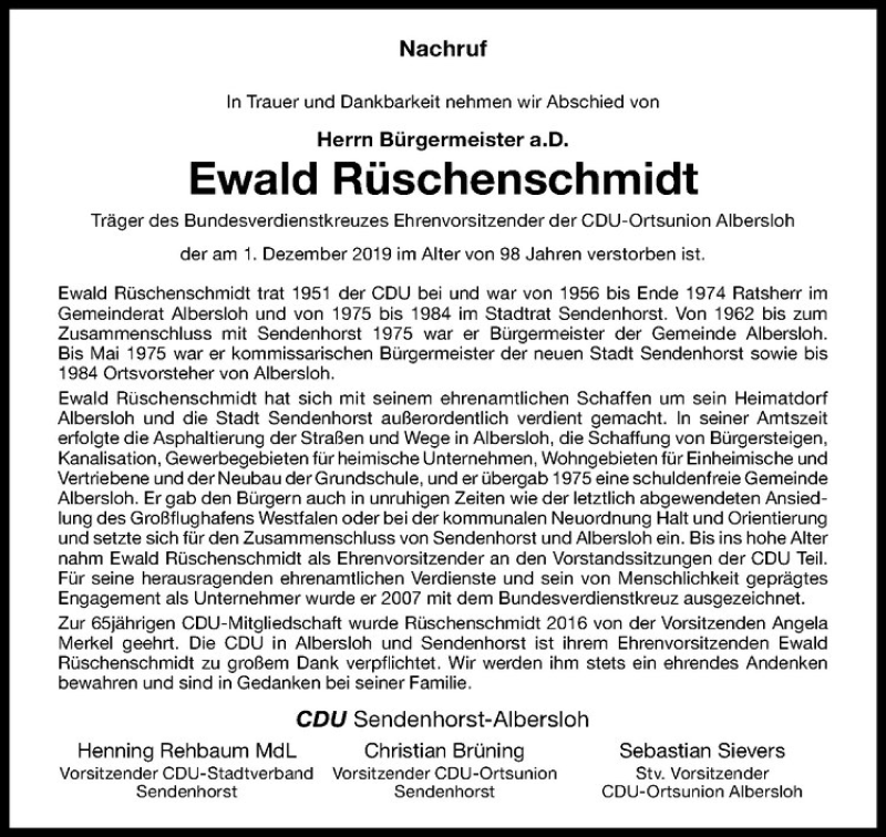  Traueranzeige für Ewald Rüschenschmidt vom 05.12.2019 aus Westfälische Nachrichten