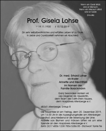 Anzeige von Gisela Lohse von Westfälische Nachrichten