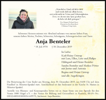 Anzeige von Anja Benteler von Westfälische Nachrichten