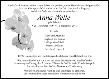 Anzeige von Anna Welle von Westfälische Nachrichten