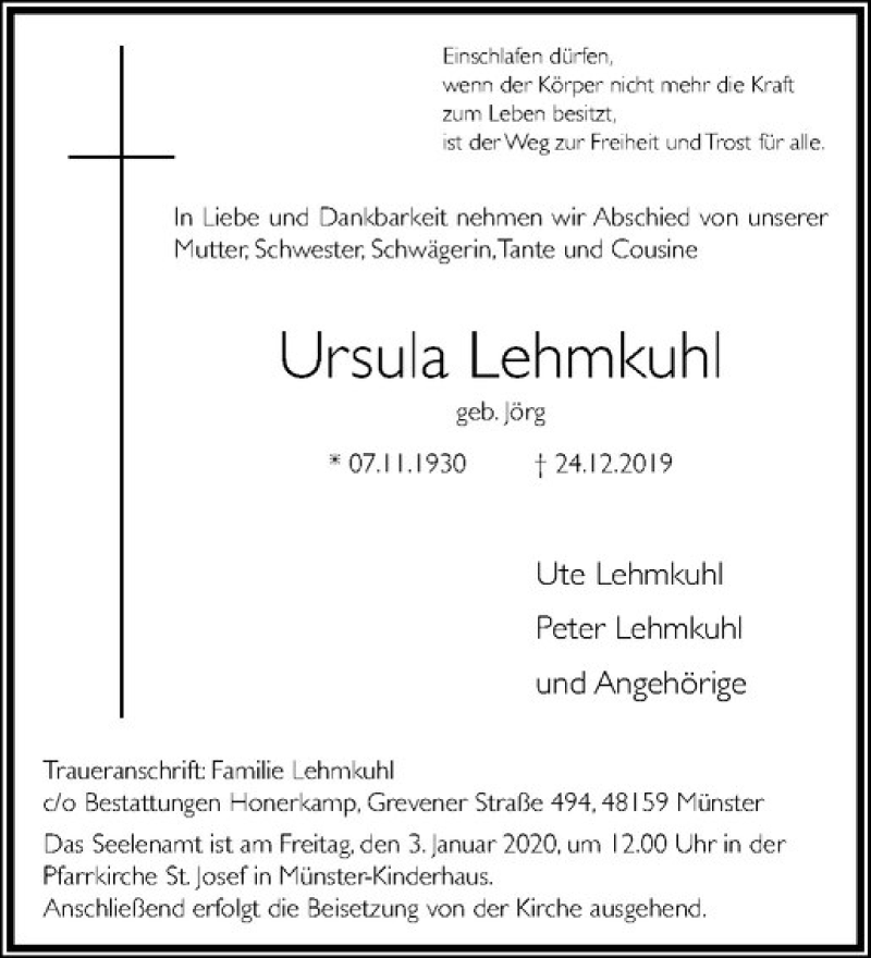  Traueranzeige für Ursula Lehmkuhl vom 31.12.2019 aus Westfälische Nachrichten