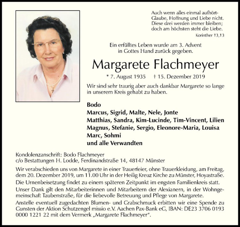  Traueranzeige für Margarete Flachmeyer vom 18.12.2019 aus Westfälische Nachrichten