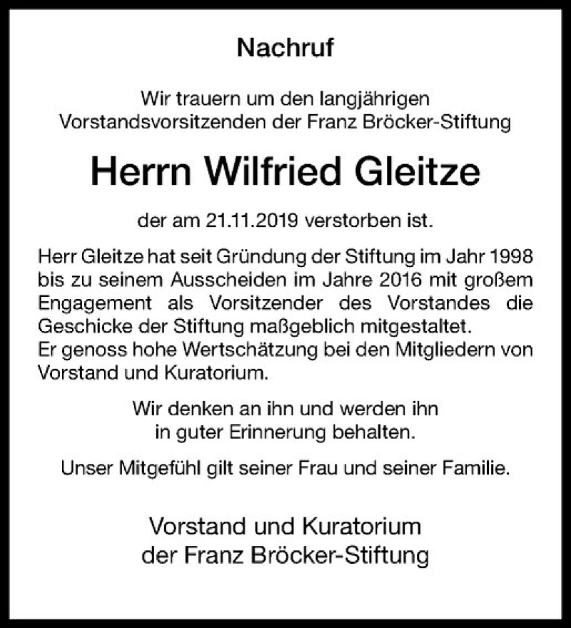  Traueranzeige für Wilfried Gleitze vom 29.11.2019 aus Westfälische Nachrichten