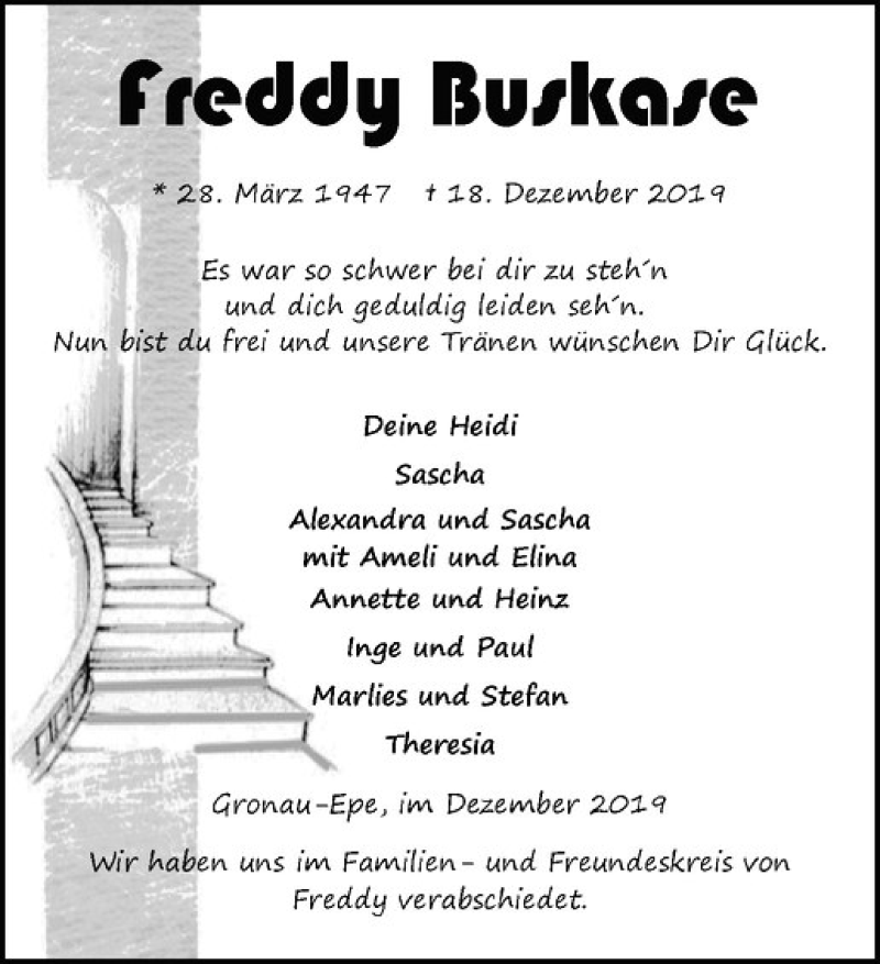  Traueranzeige für Freddy Buskase vom 28.12.2019 aus Westfälische Nachrichten