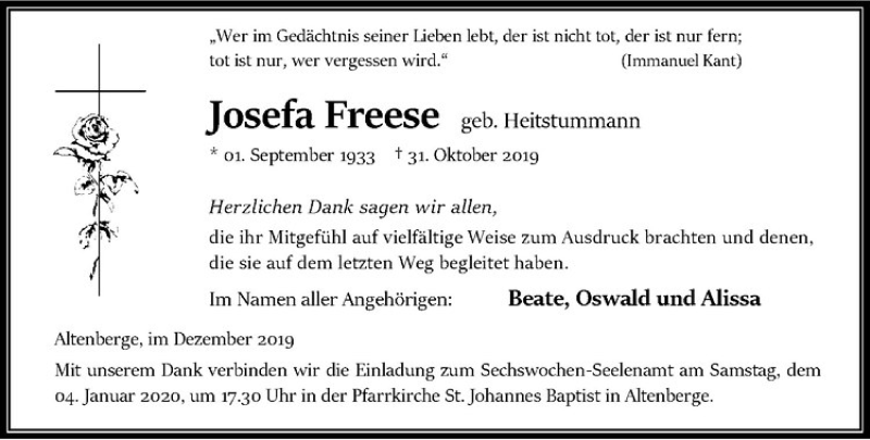  Traueranzeige für Josefa Freese vom 28.12.2019 aus Westfälische Nachrichten