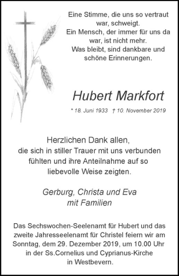 Anzeige von Hubert Markfort von Westfälische Nachrichten