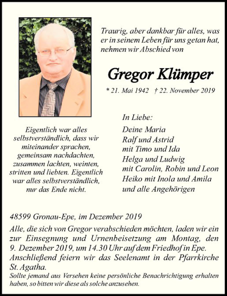  Traueranzeige für Gregor Klümper vom 05.12.2019 aus Westfälische Nachrichten